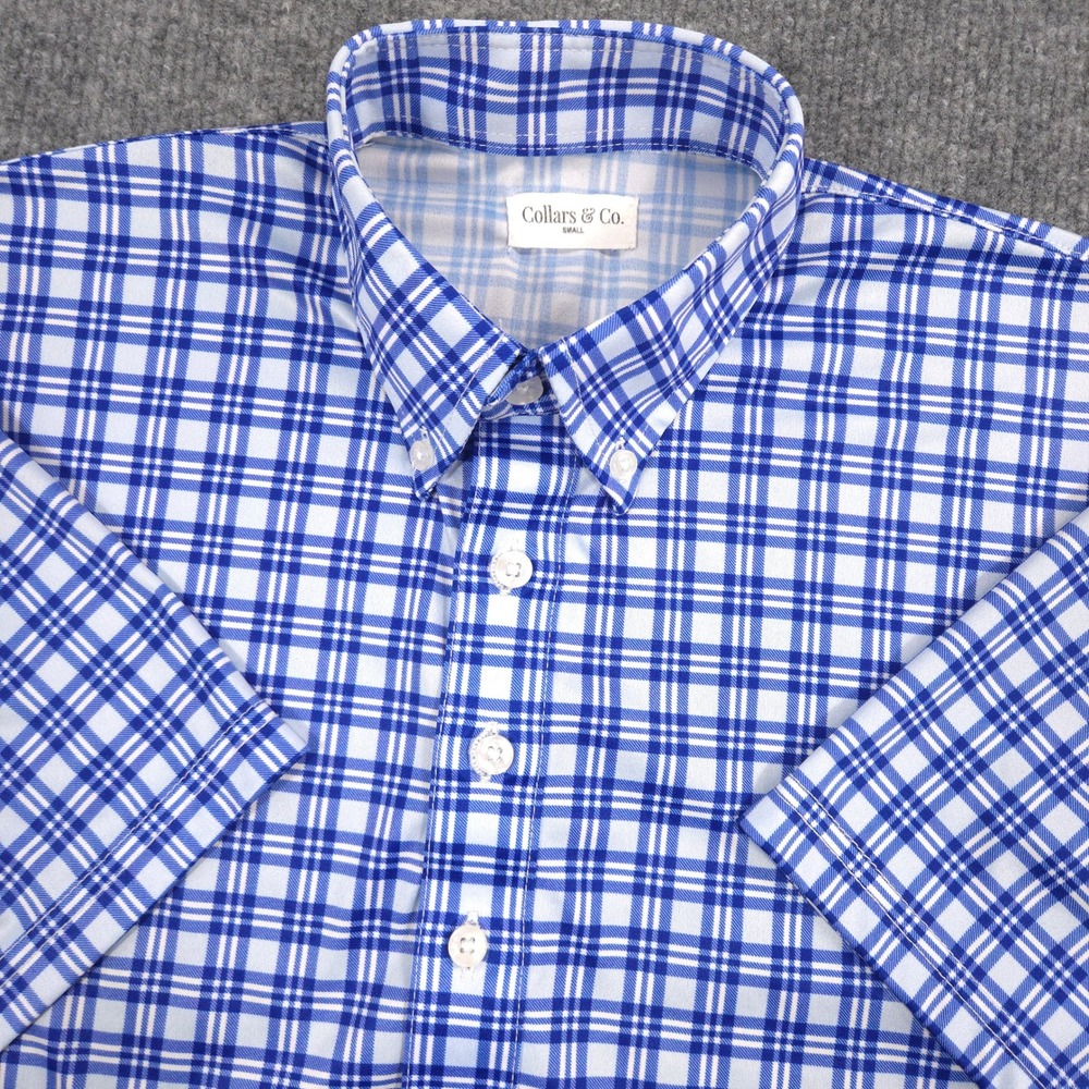Collars & Co Polo Shirt Mens S Blue Plaid Performance Golf Button Down Preppy